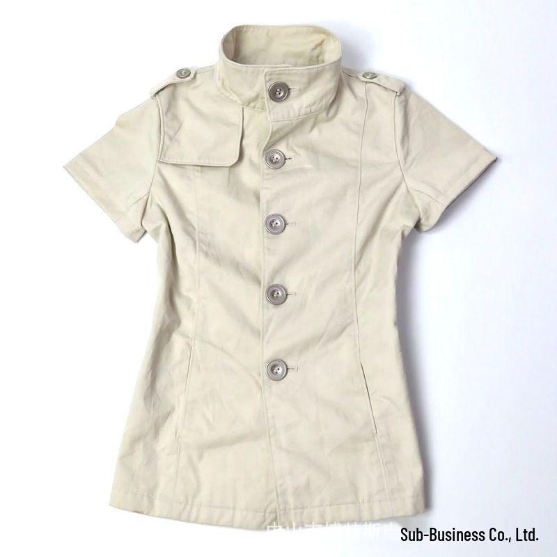 

Retro American Short-Sleeve Stand Collar Waist-Cinching Workwear Shirt Small вершковий/білий