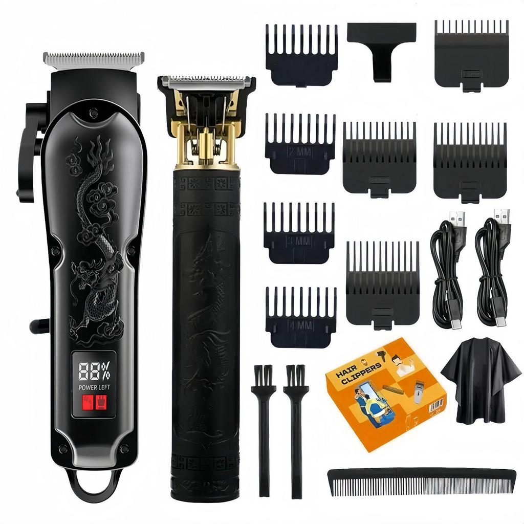 Digital Display Hair Clipper Set: Electric Parent-Child Haircut Kit with Oil Head Carving and Scissors