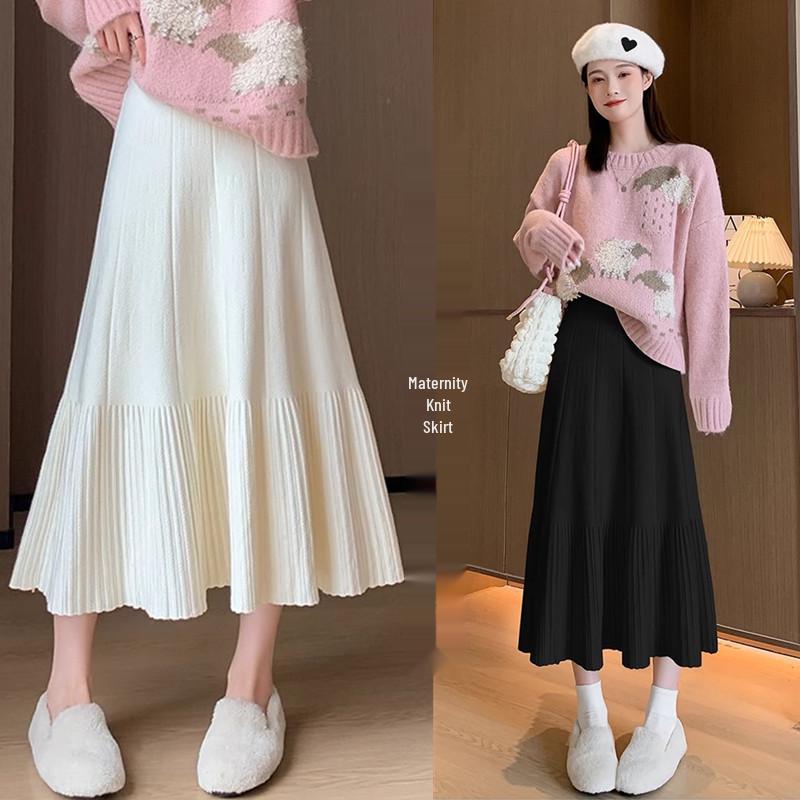 

Autumn/Winter High-Waisted Knit Pleated Maternity Skirt - Trendy, Slimming, Age-Reducing Long Skirt with Large Hem Extra Large