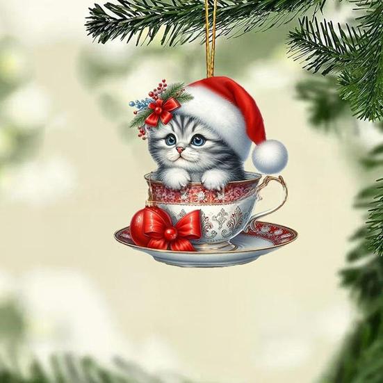 Acrylic Teacup Cat Hanging Ornaments Cute Cartoon Cat Christmas Ornament 2D