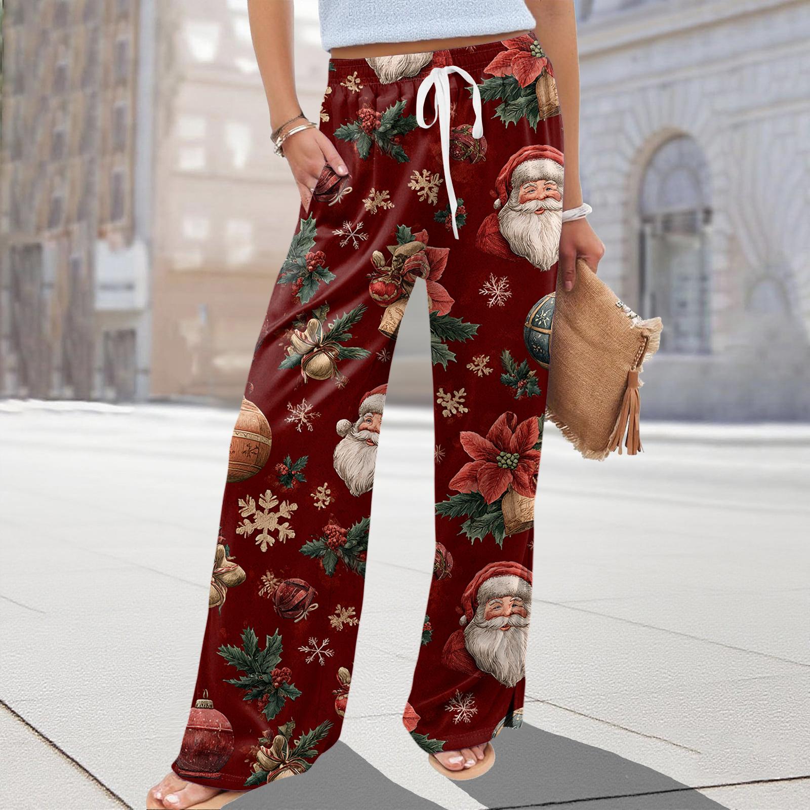 

Ladies Loose And Casual Christmas Printed Wide Leg Pants With Elastic Waistband Drawstring And Pocket Pants XXL винний