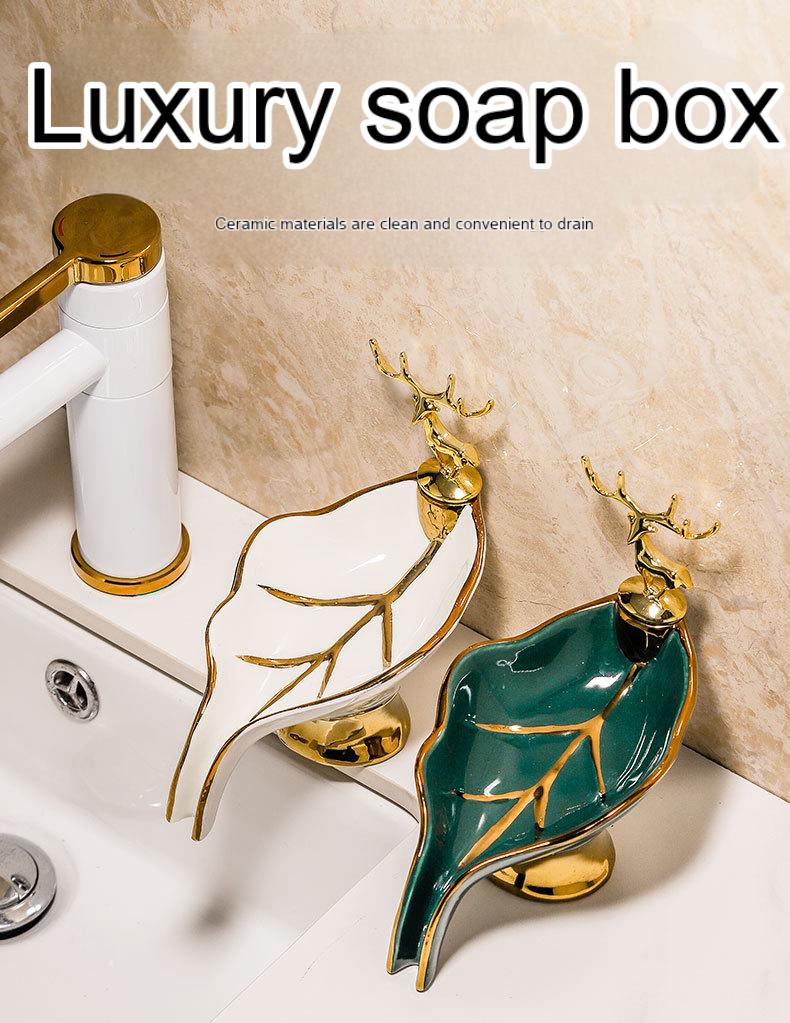 Self-draining Soap Dish Leaf Shaped Soap Box With Deer Decoration Soap Holder For Bathroom Kitchen Home Bathroom Decor