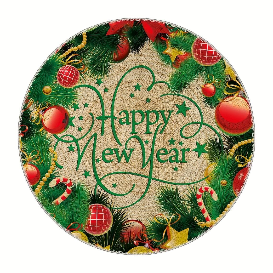 

Happy New Year Round Rug, Green Red Gold Themed Mat with Pine Branches Decor for Living Room, Bedroom Holiday Home Accent Diameter 60cm