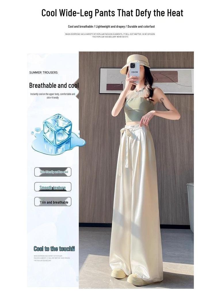 Women's Summer Acetate Satin Wide-Leg High-Waisted Pants with Tie-Up and Drape Design