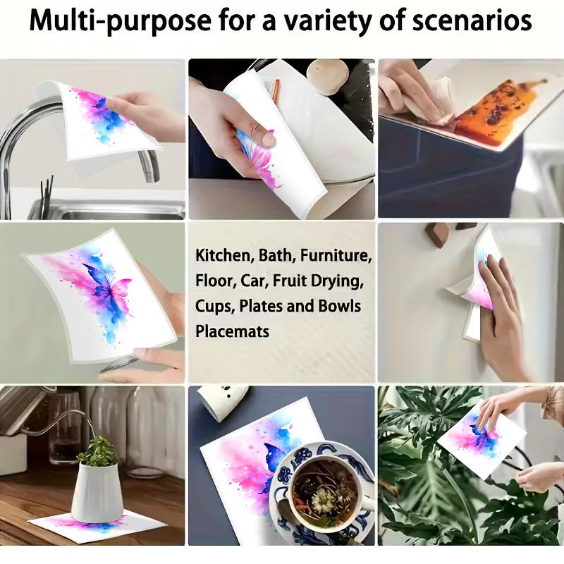 6PCS Cleaning Dishcloths Reusable Kitchen Dish Towels Watercolor Butterfly Pattern Dishcloth Absorbent Lint Free Cloth Washable Duster Rags Tea Towels