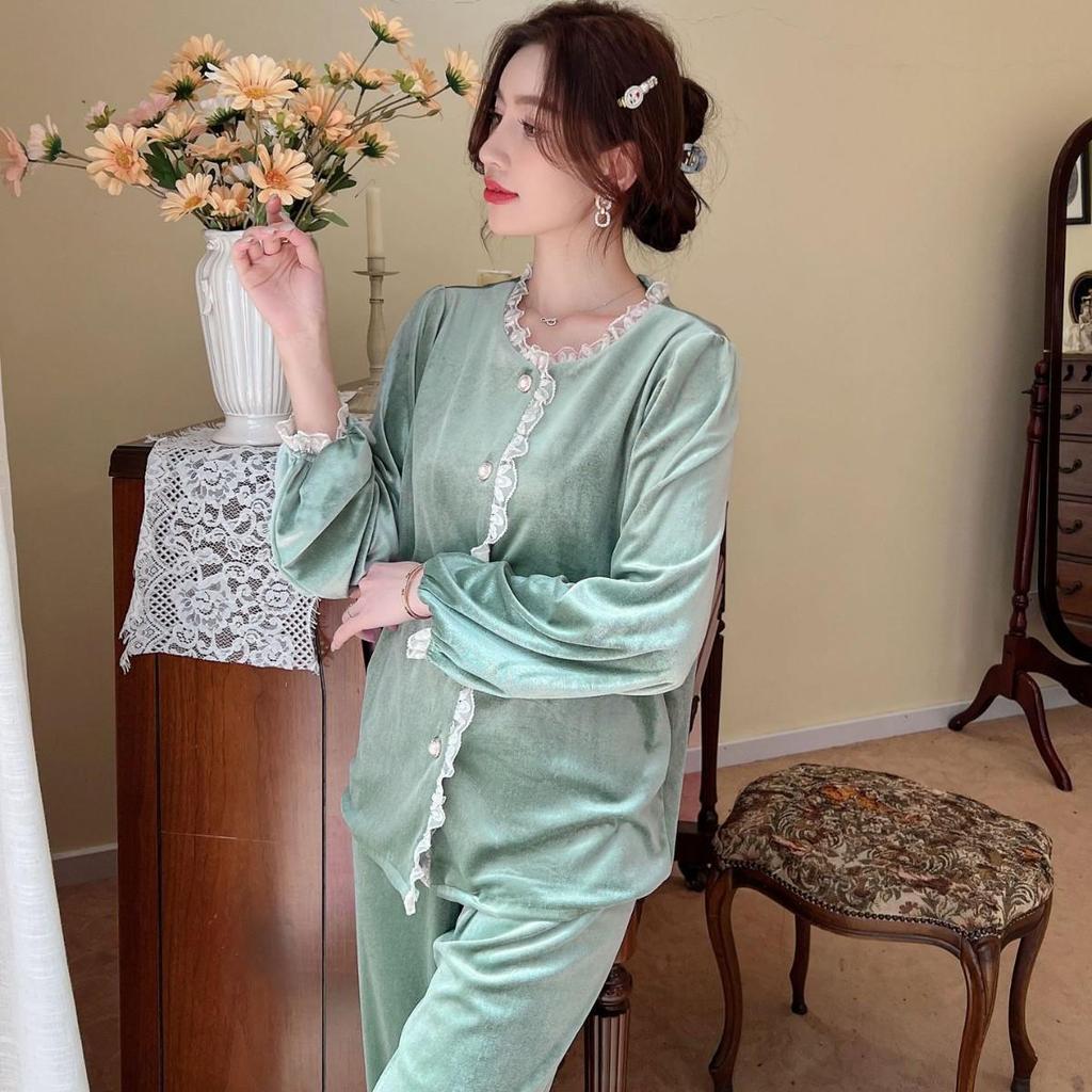 Goldener Samt Langarm Pyjama für Damen - Herbst Atmungsaktiv, Sexy Leichter Luxus Französischer Stil.