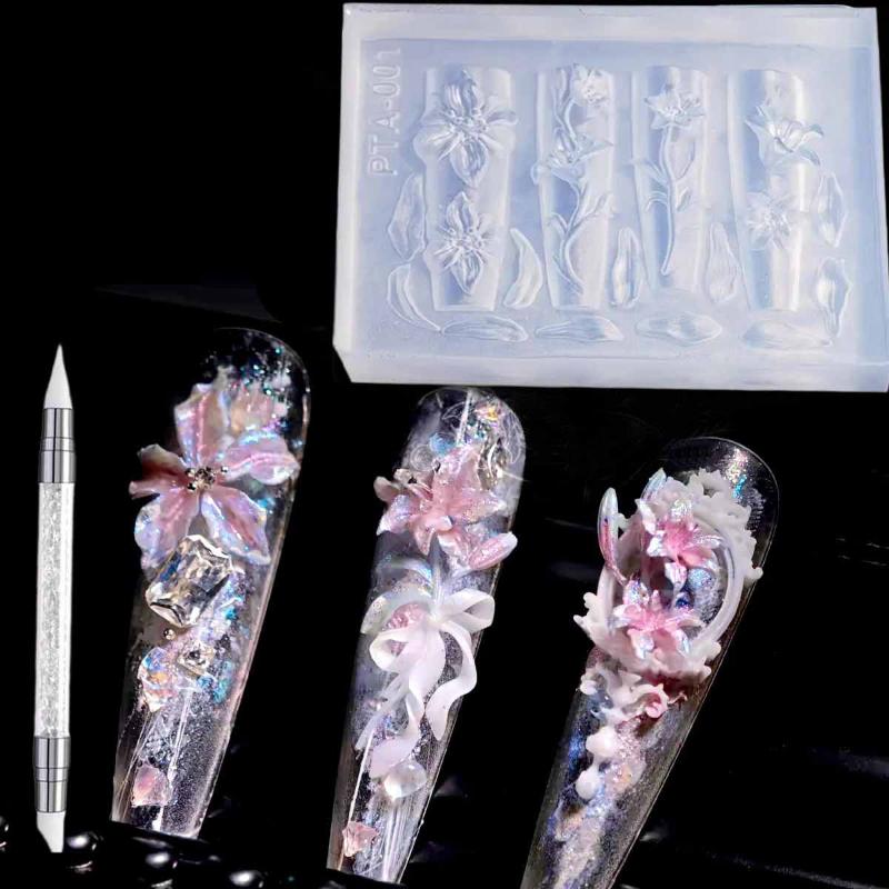 2/3Pcs 3D Hawaii Hibiscus Flowers Nail Art Mold Floral Petal Ballet Bows Design Resin Mold Nail Carving Template Diy Accessories