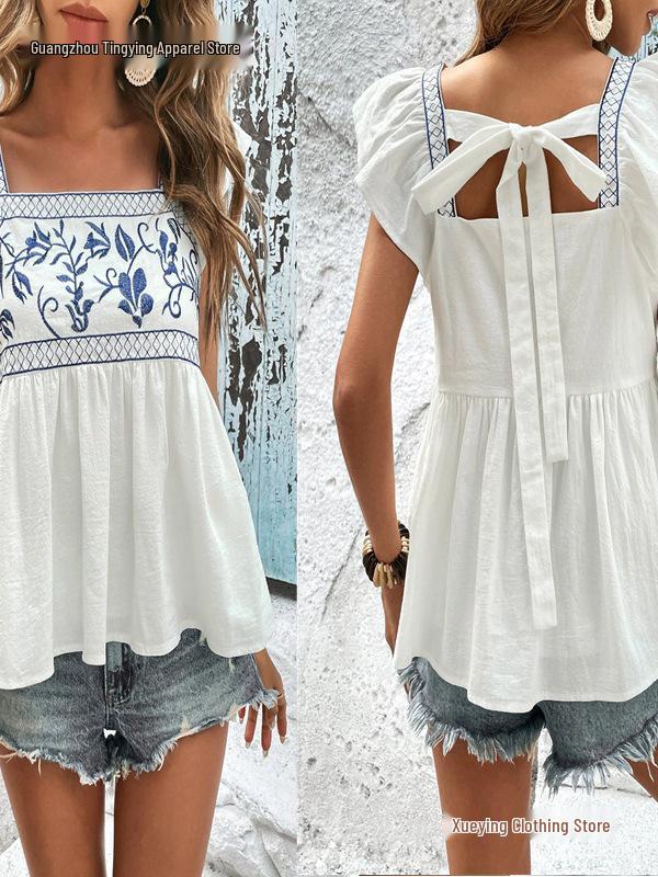 Women's Embroidered Lace-Up Square Neck Ruffle Top with Flutter Sleeves