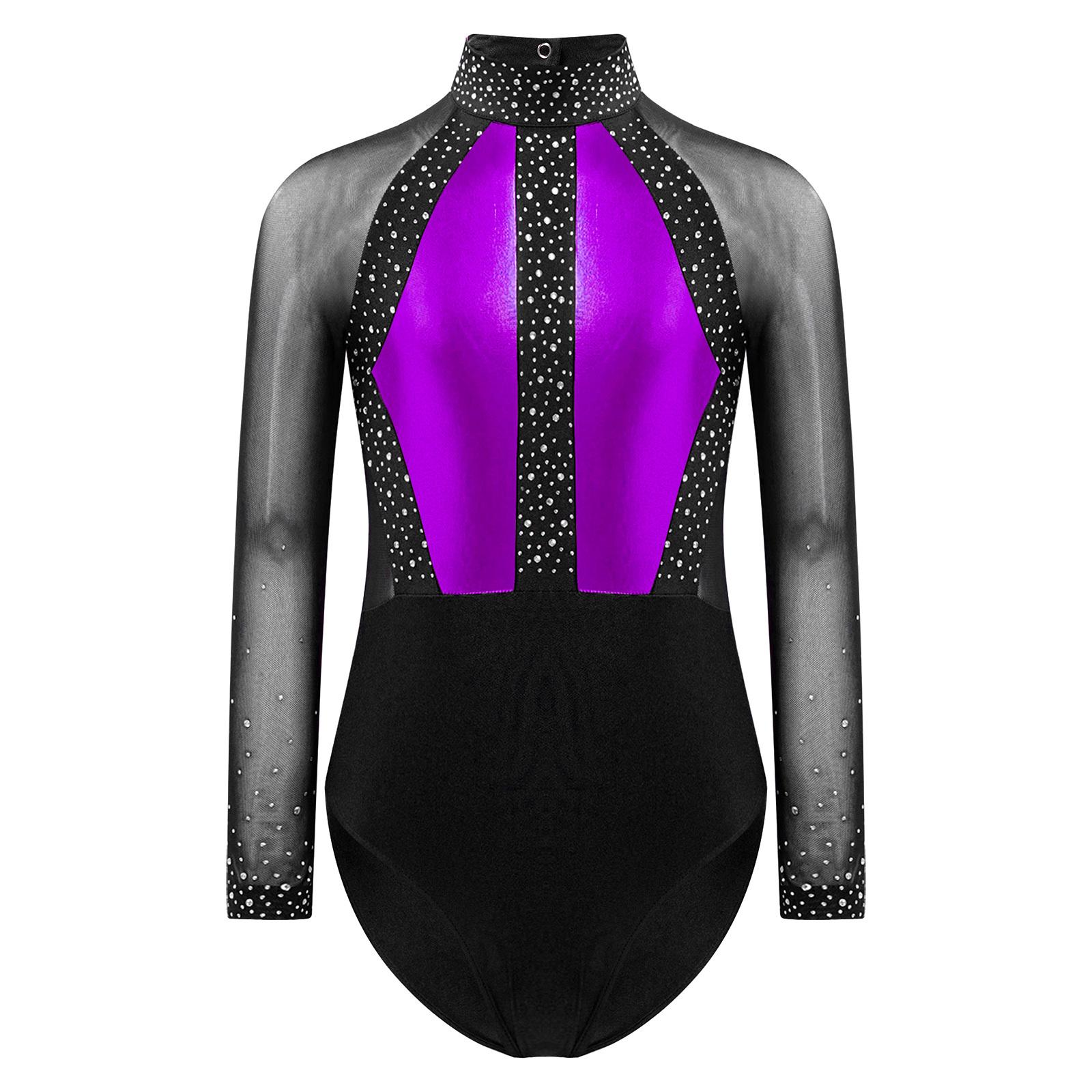 

Блискучий купальник із кольоровими блоками стразами для дівчаток із замковою щілиною на спині, прозорий сітчастий боді з довгими рукавами для танців та гімнастики 9-10 Years фіолетовий