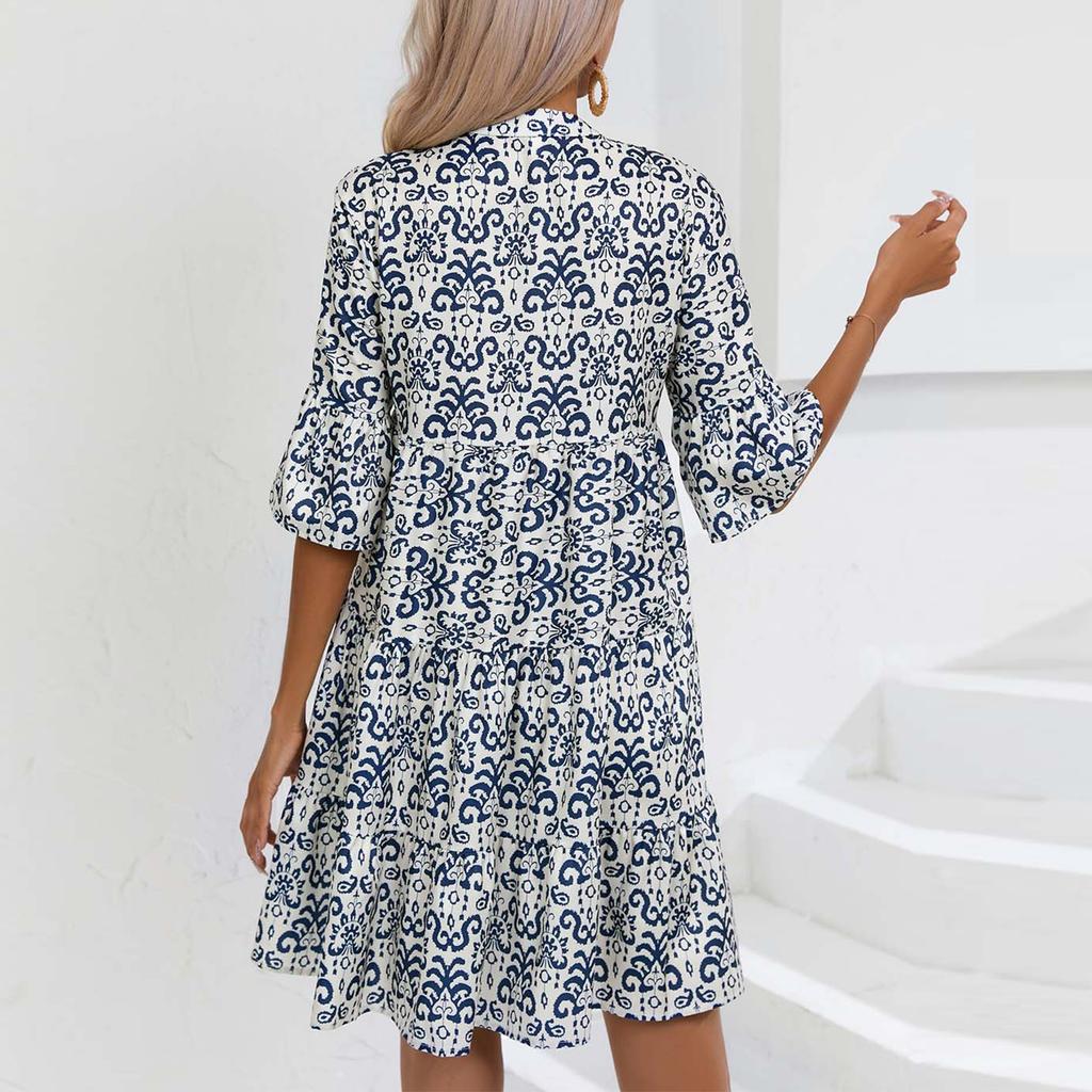 Women's Dresses Loose V-Neck Casual Literary Vintage Half Sleeve Short Dresses