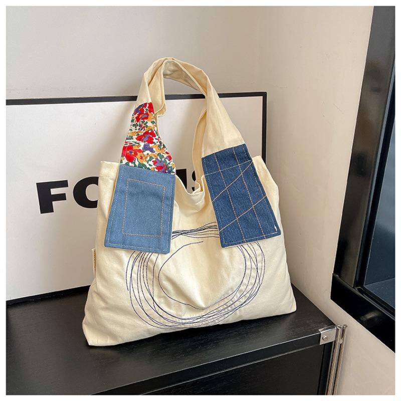 

Вышитая холщовая сумка женская большой вместимости новая летняя универсальная повседневная на плечо сумка-тоут для студентки грязно-белый