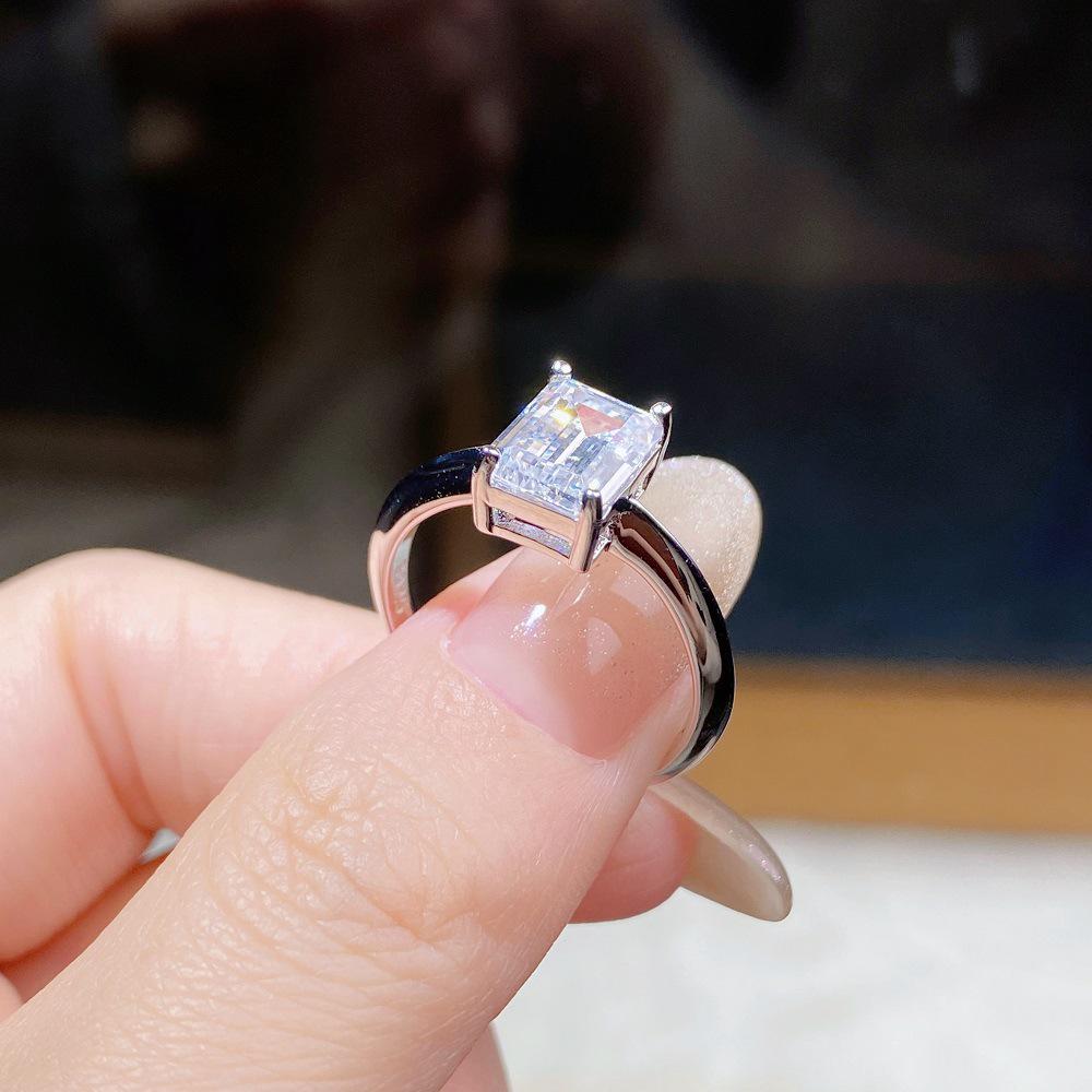 Emerald Cut Moissanite Ring, 2 Carat D Color, 925 Silver Four-Claw Setting.