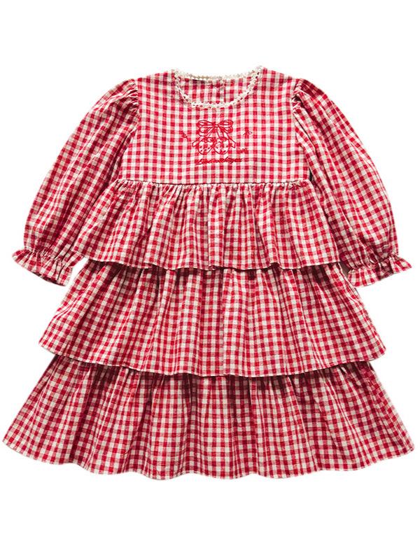 2026 Autumn Korean Children's Strawberry Embroidered Dress - Sweet Girl's Round Neck Lace Plaid Cake Skirt