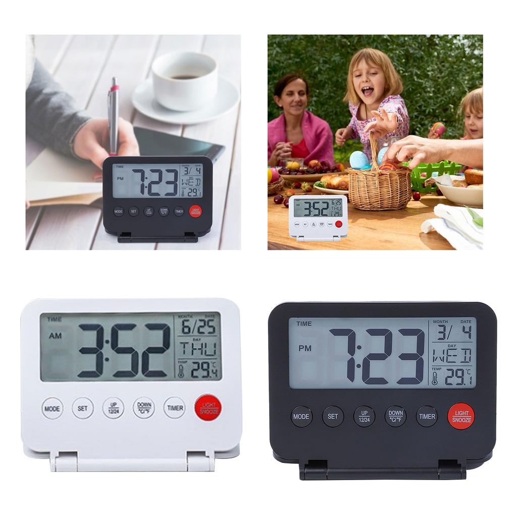 Travel Small Digital Alarm Clock Large LCD Display Front Button with Date Temperature Snooze Backlight Battery Operated