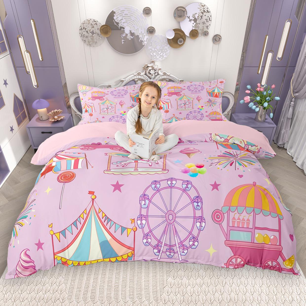

Kawaii Принцесса Набор Пододеяльников Homewish Для Девочки 2 шт./3 шт. Девичий Розовый Комплект Постельного Белья Парк Развлечений Карусель Пододеяльник EU Single(135*200cm)3pcs