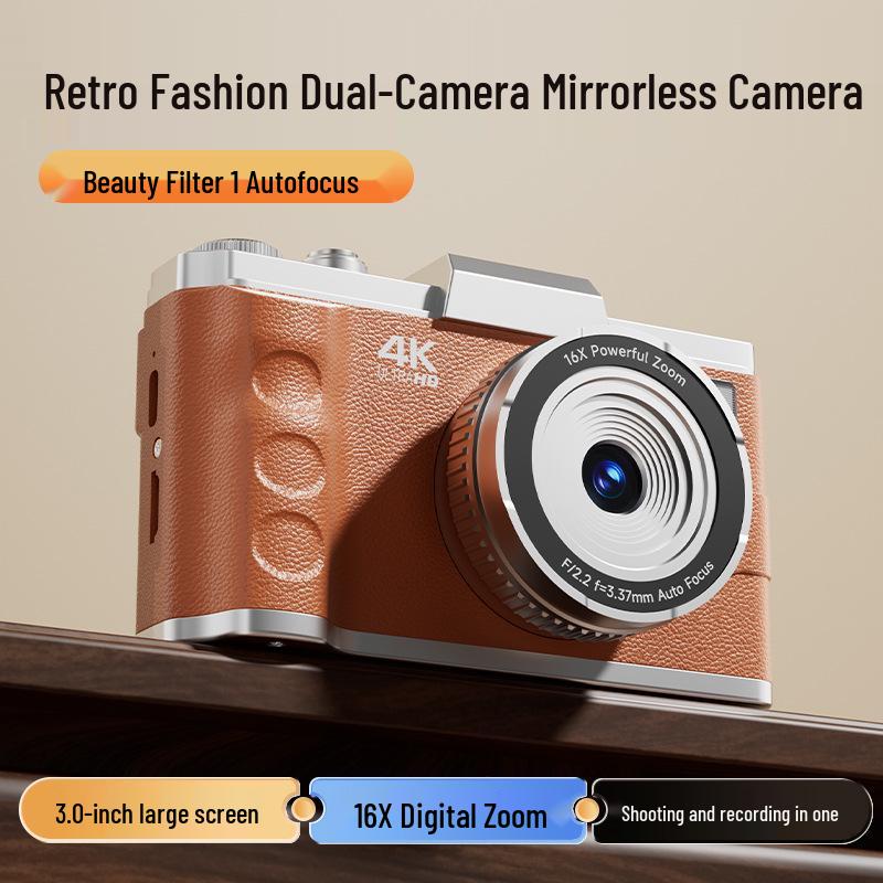 4K HD Retro Digital Camera, 64MP, Dual Lens, 16x Optical Zoom, Ideal for Student Photography