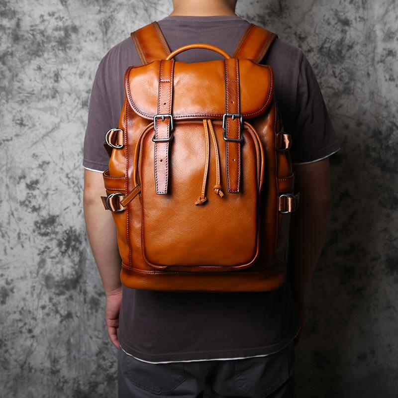 NZP Retro Leather Men's Backpack European and American Fashion Travel Bag Top Layer Cowhide Casual School Bag Laptop Bag