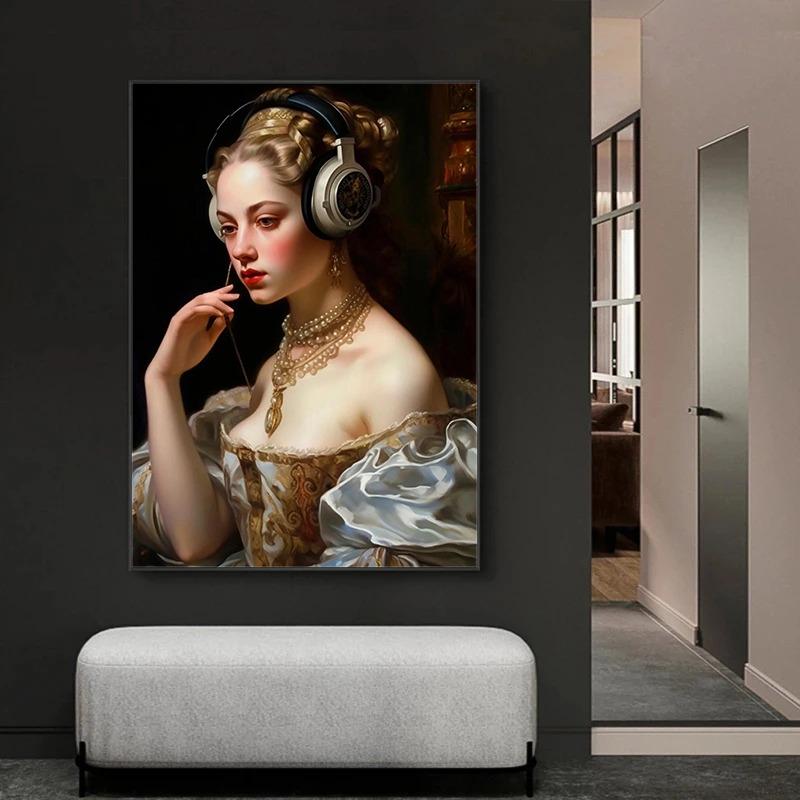 Neo Renaissance Funny Portrait Poster Girl Wearing Headphones Art  Retro Canvas Painting Prints Wall Bedroom Home Decoration