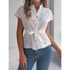 Summer Women's Chiffon Short Sleeve V-neck Button Down Shirt Elegant Casual Blouse With Waist Belt
