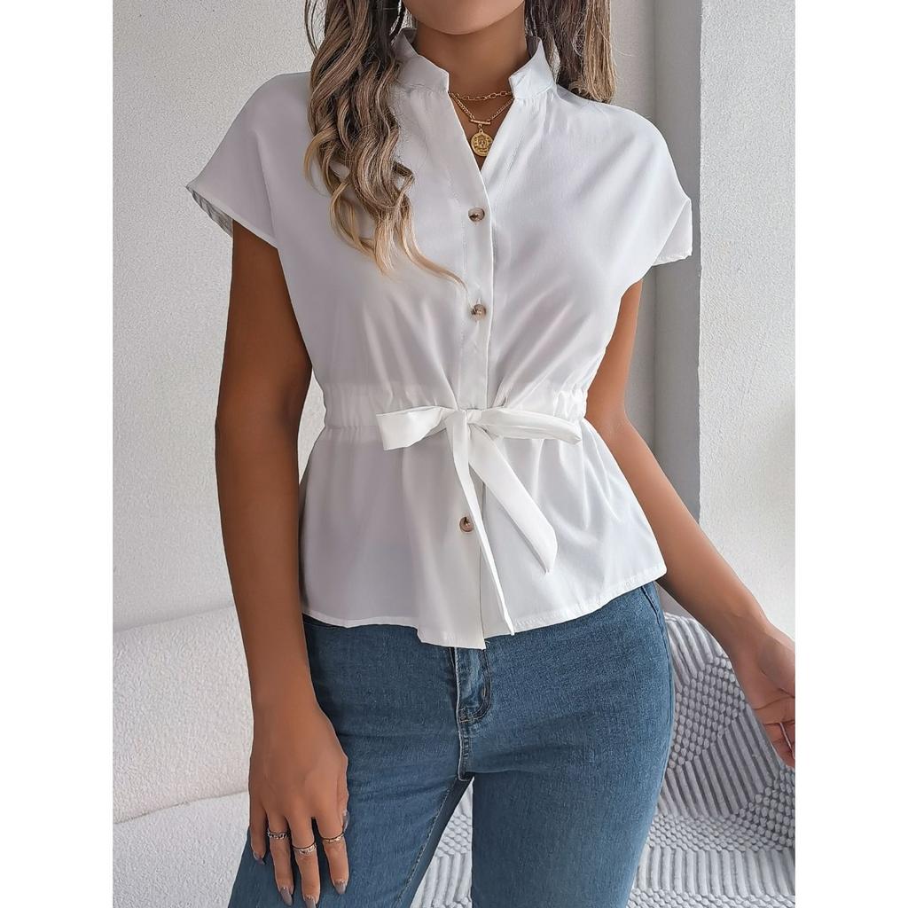 Summer Women's Chiffon Short Sleeve V-neck Button Down Shirt Elegant Casual Blouse With Waist Belt