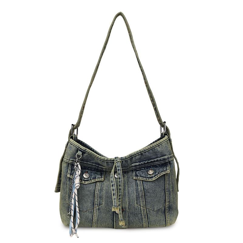 New retro trendy cool denim tote bag fashion high temperament student leisure class commuter messenger bag