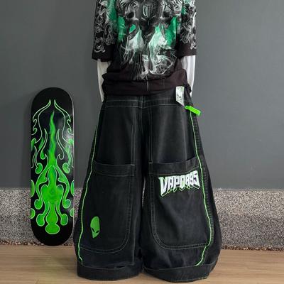 LUXEON Mode Herren Damen Trend Hip Hop Große Tasche Weite Hosen Vintage Gewaschen High Street Baggy Jeans Schwarze Patchwork Hosen