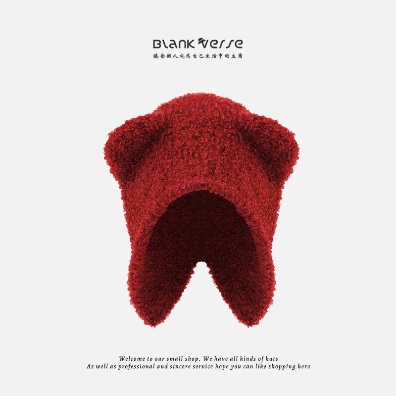 

Cute bear ears plush hat women s season versatile warm ear protection cold big head circumference wool hat custom One size fits all (58-60cm) червоний