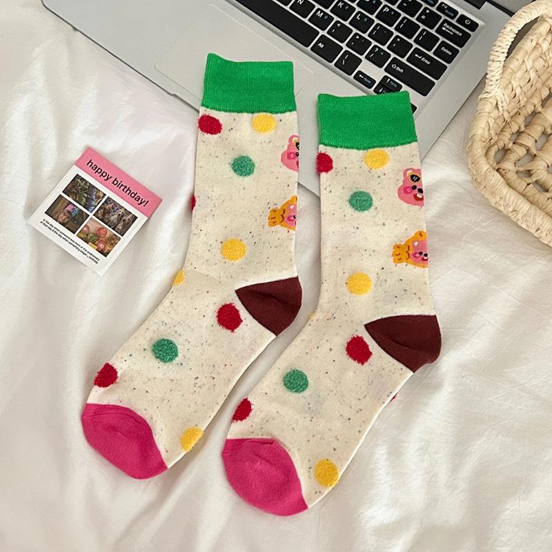 Little Beaver Ruby Socks for Girls Cute and Trendy Pink Girlish Cartoon Mid-calf Socks Colorful Dot Pile Socks