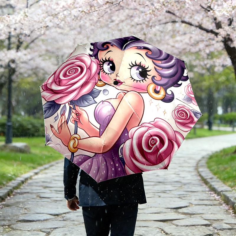 1pc Sturdy 8-Bone Auto Umbrella, Betty Boop Umbrella, Digital Printed, Foldable Umbrella for On-the-Go Outdoor Use