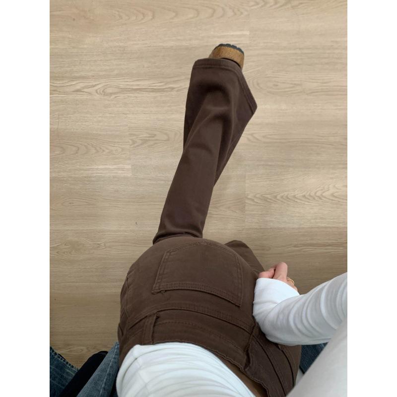 

Plus-size coffee-colored micro-flare straight-leg jeans with fleece lining, high-waisted and slimming for women. S