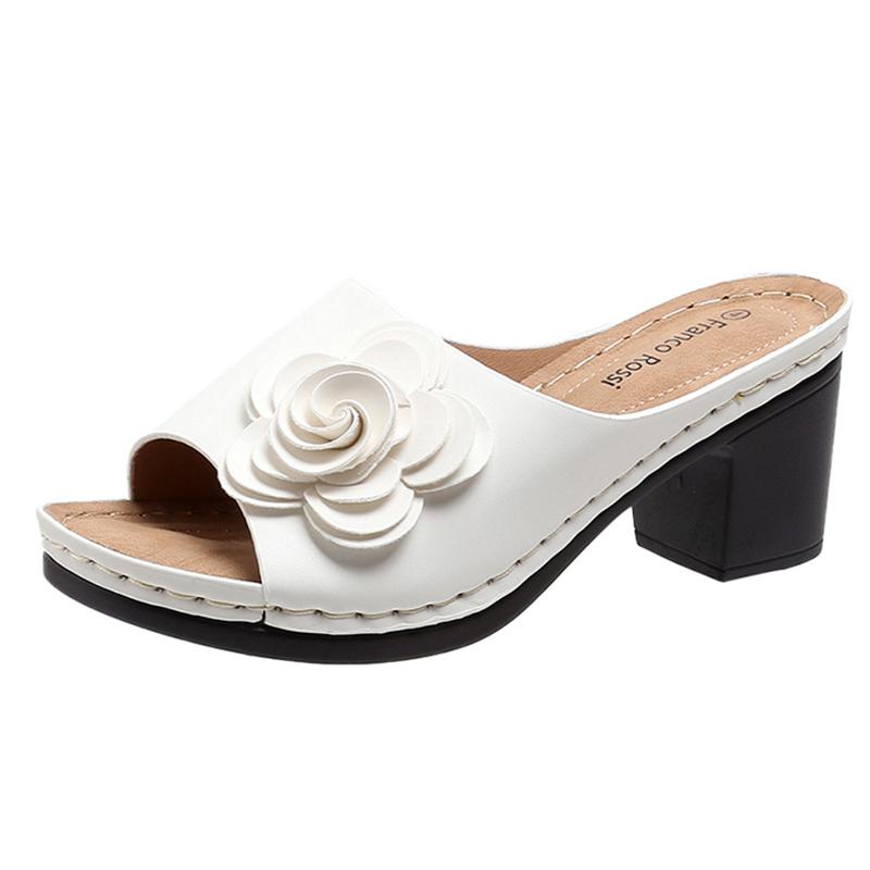 

Fashion Vintage Flower Decor Thick Heeled Sandals Women Summer Lightweight Open Toe Sandalias Mujer 2025 High Heels Beach Slippers 41 белый
