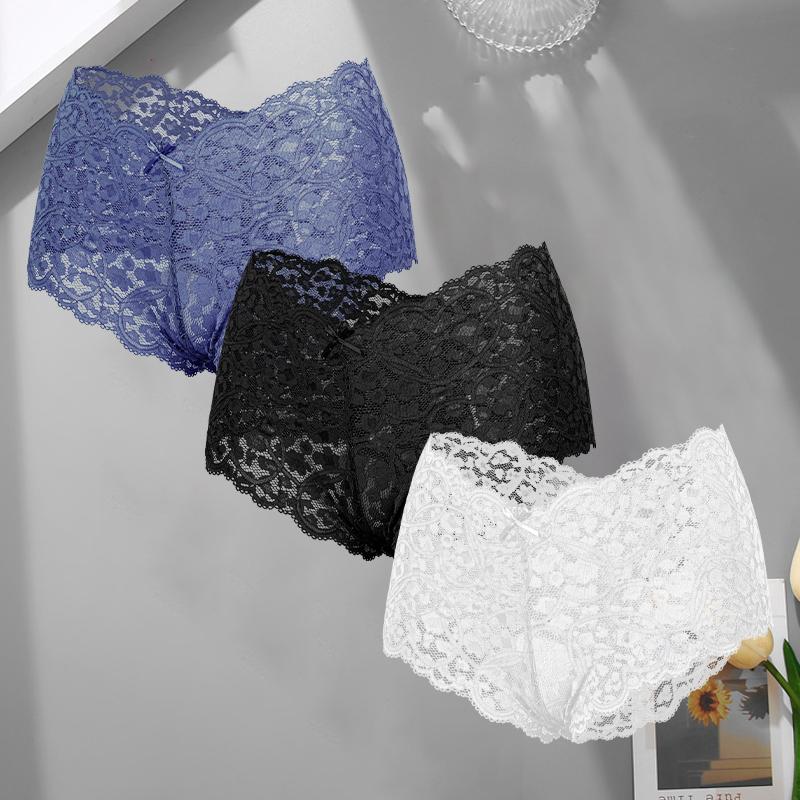 3Pcs/Set Sexy Lace Bowknot Boxer Shorts For Women Seamless Hollow Out Perspective Boyshort Female Sport Breathable Lingerie S-XL