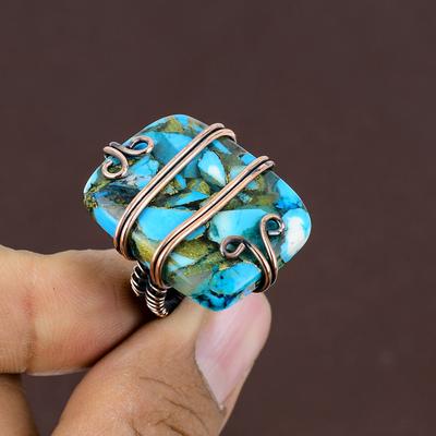 Natural Copper Turquoise Gemstone Copper Wire Wrap Gift Ring Size 6.5 Y9V55
