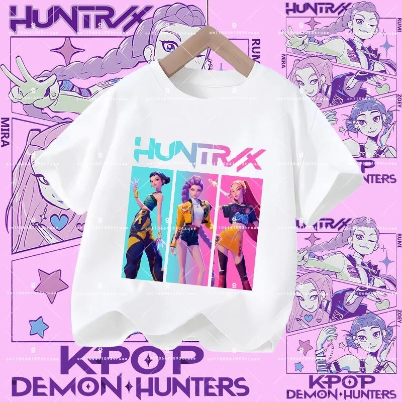 2026 New Kpop Demon Hunters Children's Polyester T-shirt - Girls' Casual Top with Cartoon Print - Summer Short-Sleeved Sports Shirt