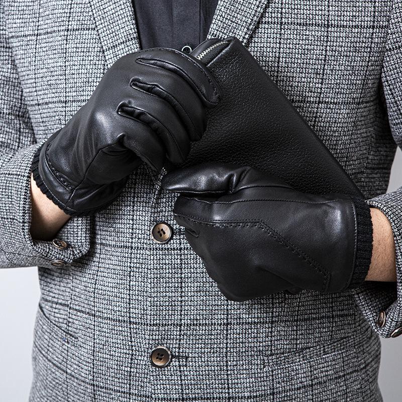 Men's Sheepskin Fleece Gloves Outdoor Cycling Business Winter Warm Touch Screen Genuine Leather Gloves