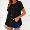 Top Camiseta Feminina Fashionável de Manga Curta com Gola Redonda e Decoração de Botões -Cor Única