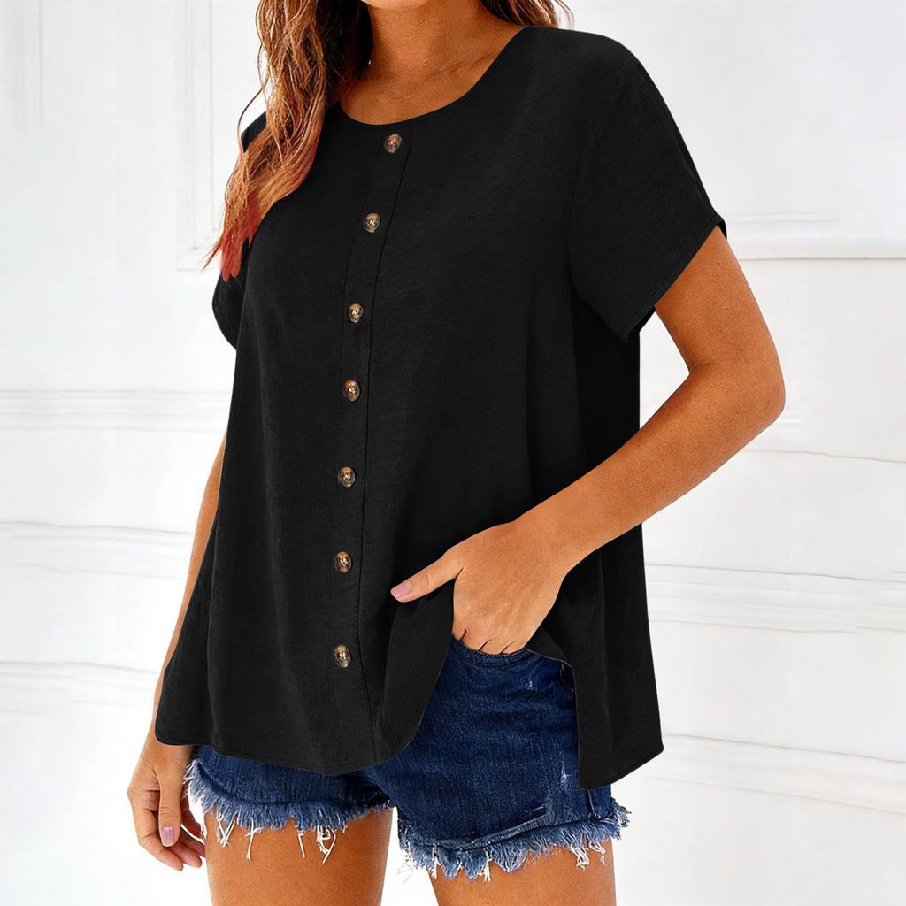 Top Camiseta Feminina Fashionável de Manga Curta com Gola Redonda e Decoração de Botões -Cor Única