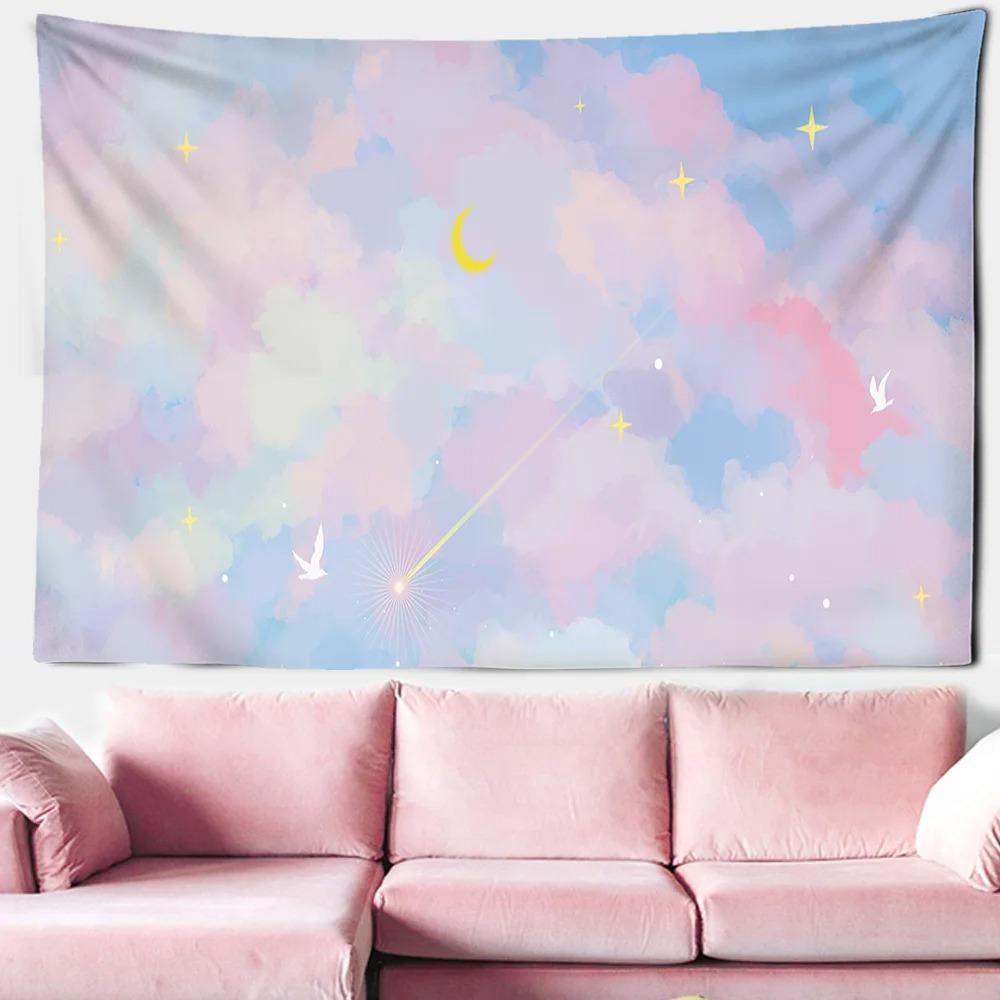 Pink Cloud Moon Starry Sky Hanging Cloth Office Living Room Tapestry Home Wall Decoration Tapestry