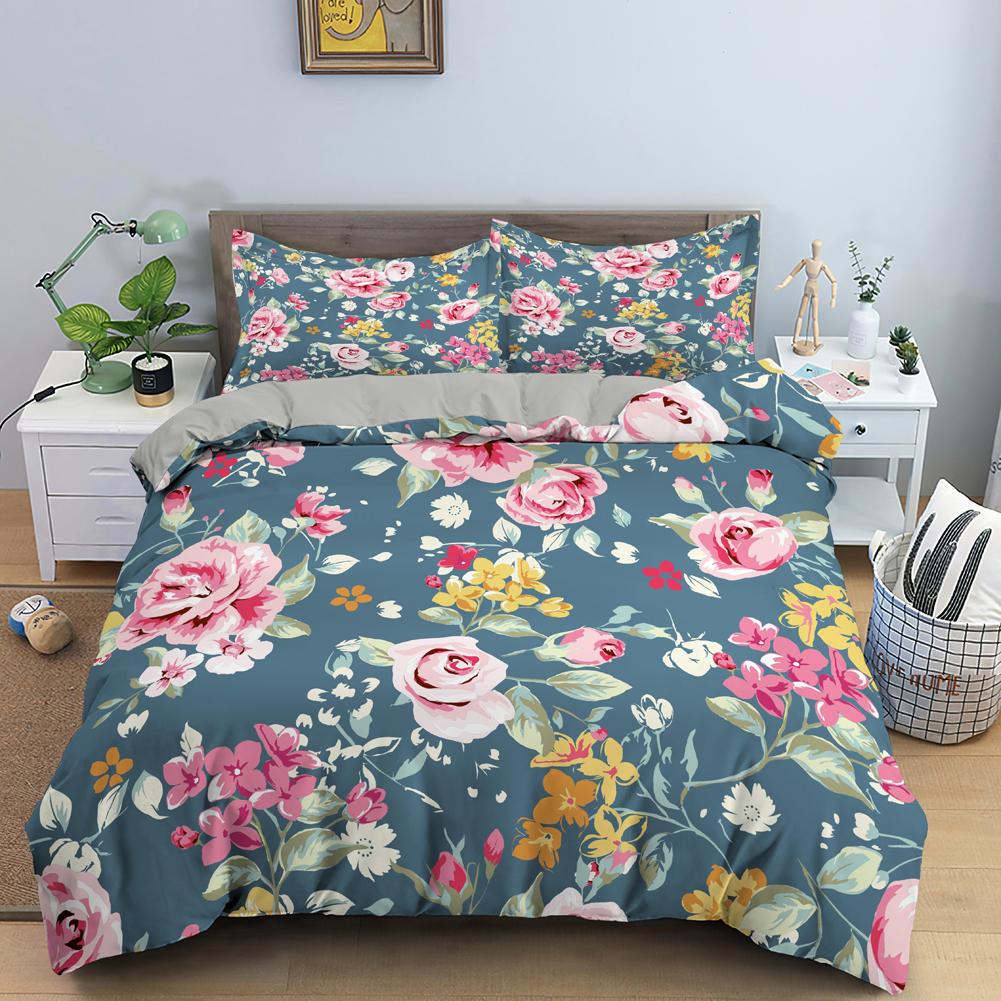 Flower Duvet Cover Set King Size Pink Flowers Green Leaves Pattern Quilt Cover For Teen Girl Microfiber Floral Theme Quilt Cover
