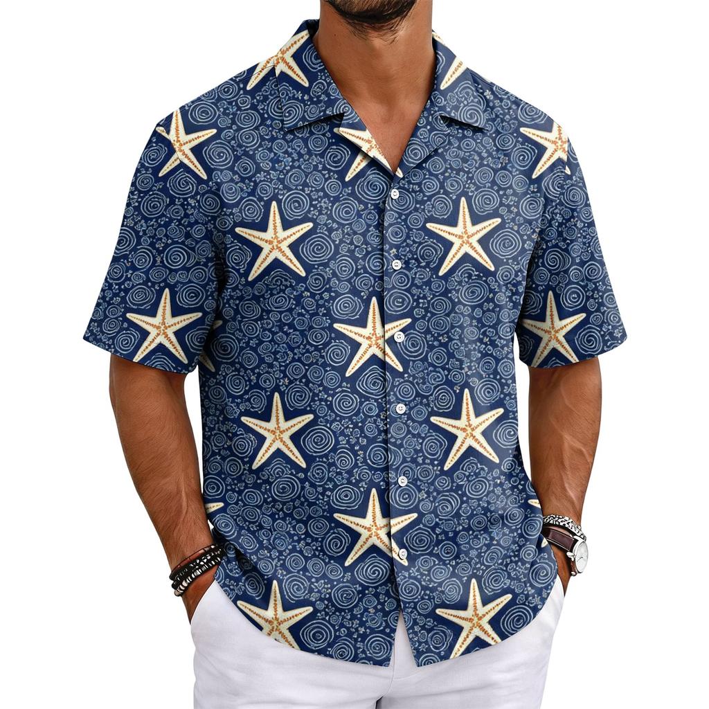 Men's Hawaiian Print Cuban Collar Shirt Short Sleeve Button Down Casual Beach Shirt Lightweight Breathable Fabric for Summer