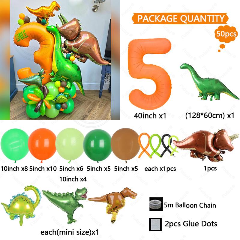 Green Jungle Animal Dinosaur Digital Set for Boys' Birthday Party Decoration Orange Number Colum Tyrannosaurus Rex Balloon Gift