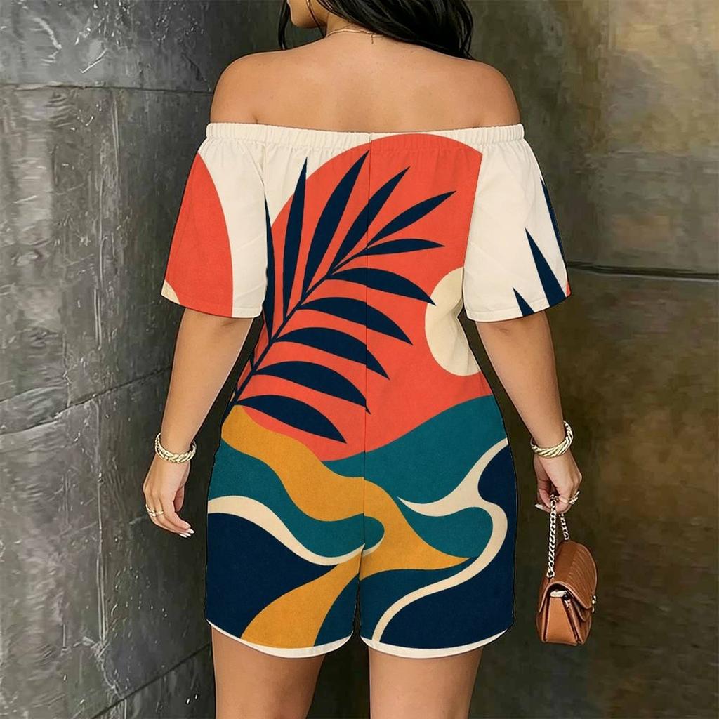 Women Plus Size Off Shoulder Short Sleeve Sunset Palm Wave Print Loose Romper With Pockets