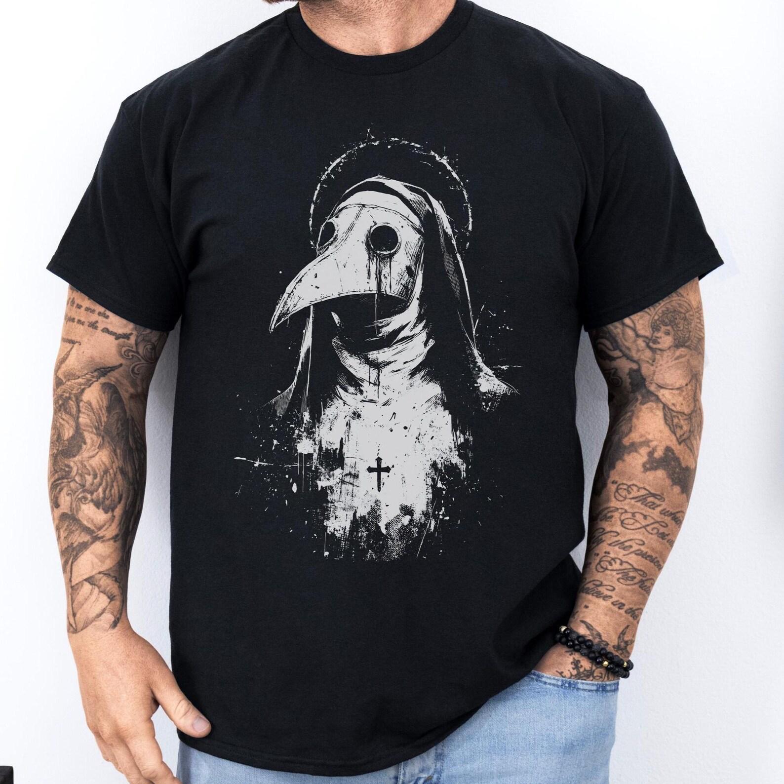 Plague Doctor Nun Shirt: Gothic Dark Art T-Shirt | Black Death Mask Design Tee | Medieval Horror Style Top S