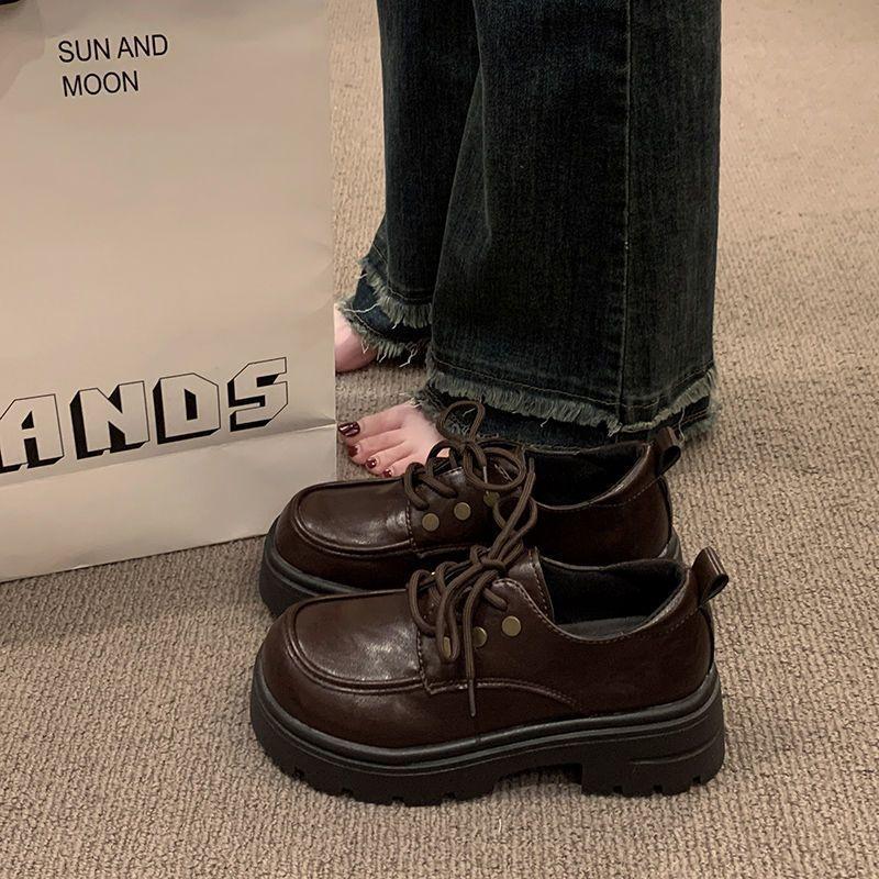 British Platform Heightening Retro Lace-up Single Shoes Brown Round Head College Style Small Leather Shoes Women's 2024 New Autumn and Winter