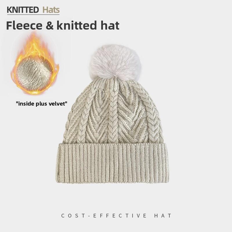 Knitted Winter Hat For Women With Solid Color Design And Plush Ball Decoration