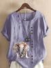 Women's Fashion Elephant Print Casual Cotton Linen Short Sleeve Round Neck T-shirt Shirt Leisure Loose Summer Blouse Tops