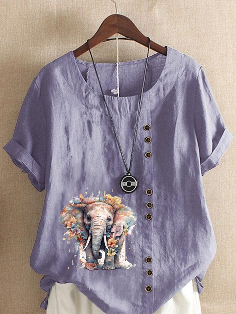Women's Fashion Elephant Print Casual Cotton Linen Short Sleeve Round Neck T-shirt Shirt Leisure Loose Summer Blouse Tops