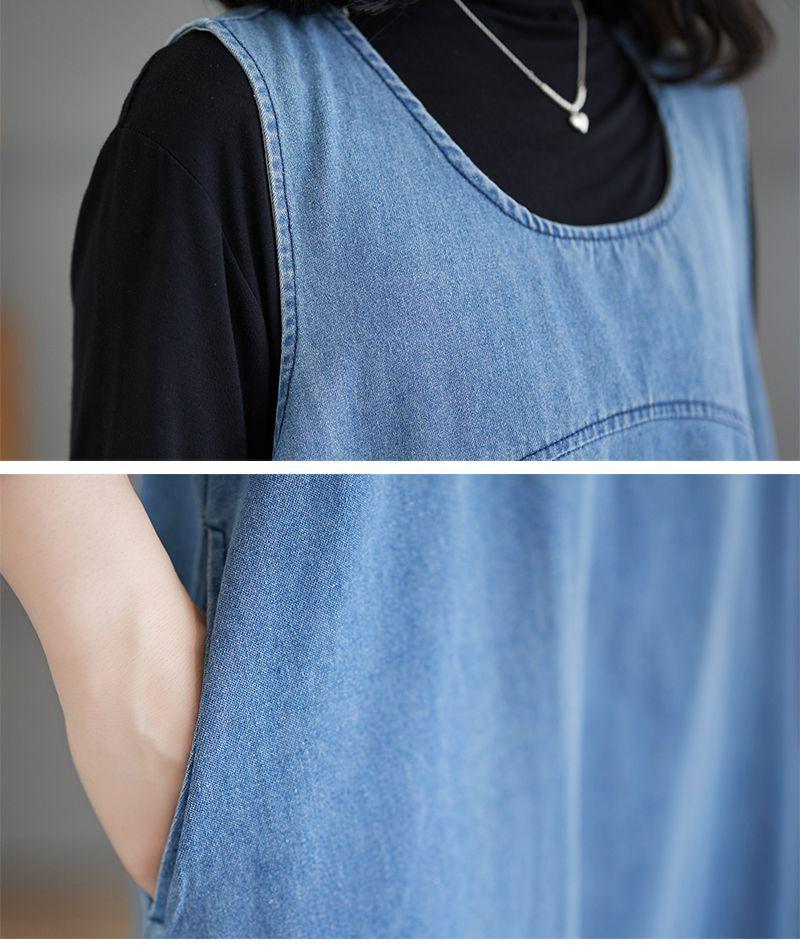 Plus Size Sleeveless Denim Vest Dress - Sweet, Casual, Blue Long Dress for Women