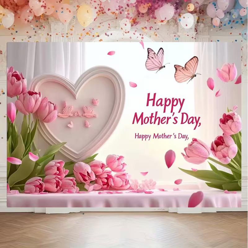 2D Happy Mother s Day Backdrop - Pink Heart & Tulip Background for Party 47.2x31.5inch/120*80cm