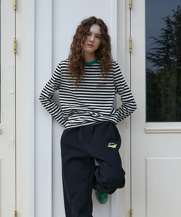 GREENBUTTER Chain-Needlework Stripe Tee (Black)